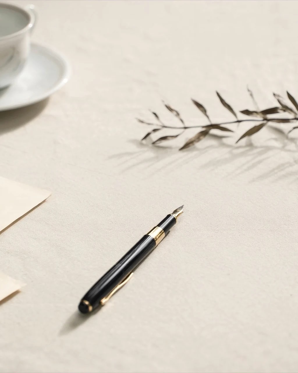 Composition éditoriale — stylo plume, branche d'olivier, tasse en porcelaine sur lin écru